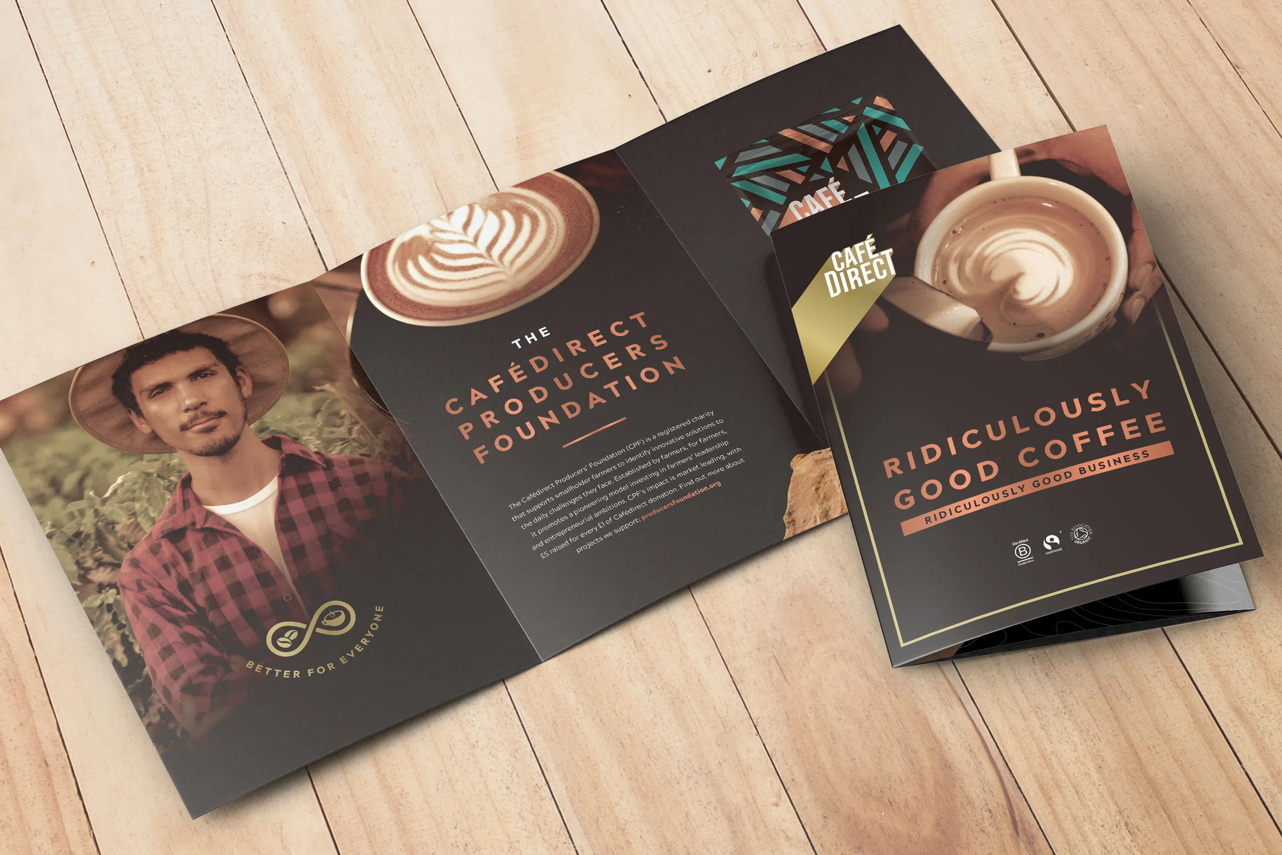 A brochure design for Cafédirect by Lee Mason, Freelance Graphic Designer, London.