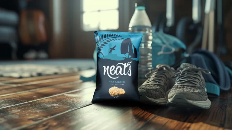 Packet of Neat's Rice Crackers by a sports bag, demonstrating the packaging design in situ.