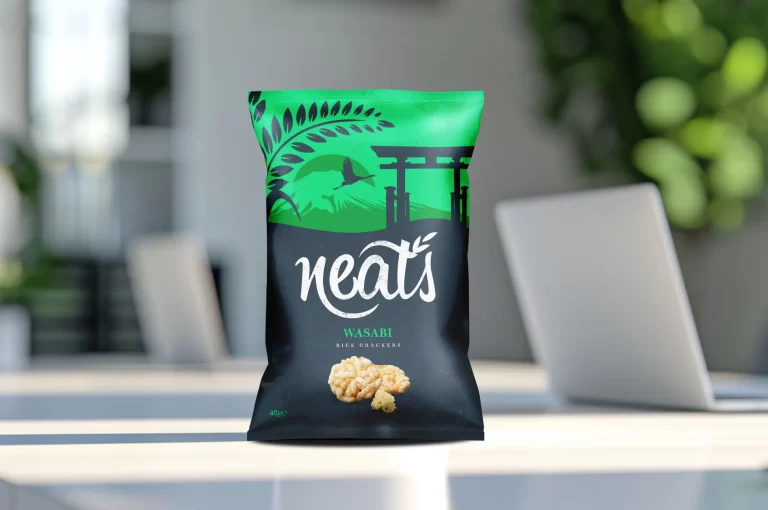 A photo of a pack of rice Neat's crackers on an office desk.