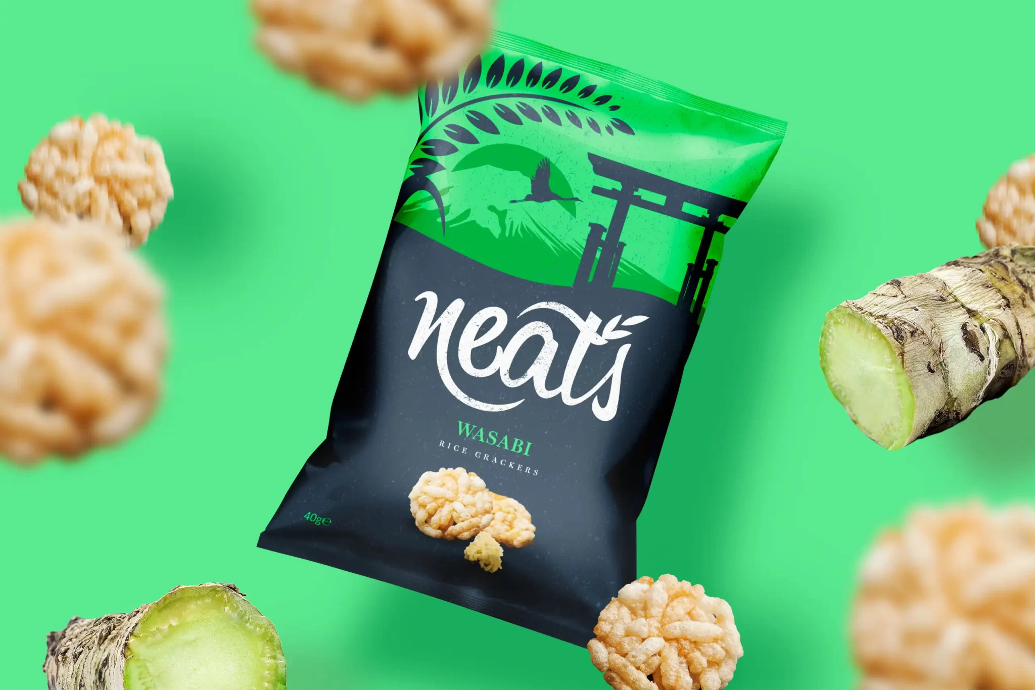 Brand Identity and Packaging design for Neat's Rice Crackers, by Lee Mason, Freelance Graphic Designer, London.