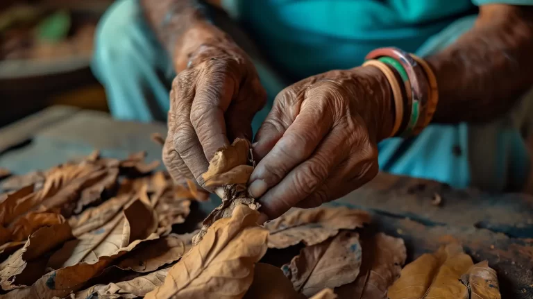 Photo of someone hand picking tobacco leaves.