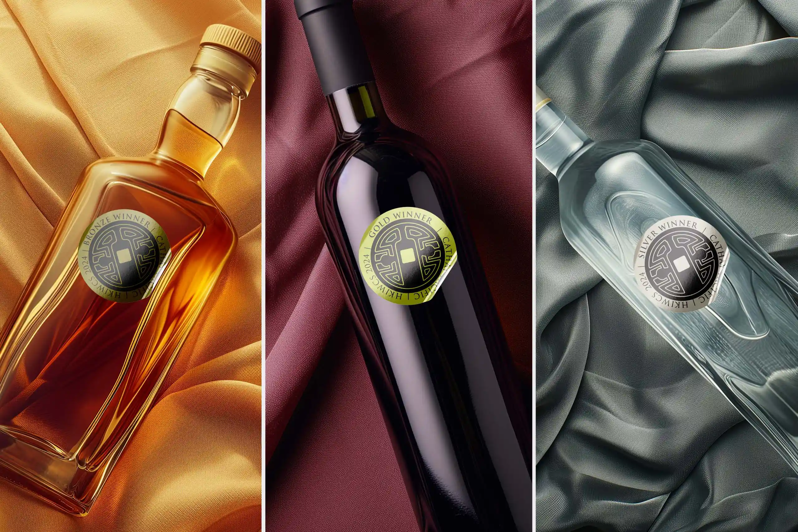 Sticker design mockups for Cathay Pacific's International Wine & Spirits Competition, by Lee Mason, Freelance Graphic Designer, London.