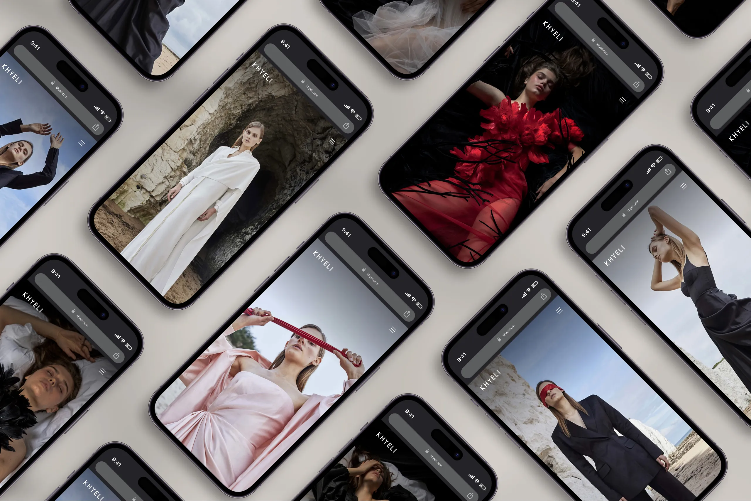 Mockup of the Khyeli website, displayed on multiple mobile phone screens.