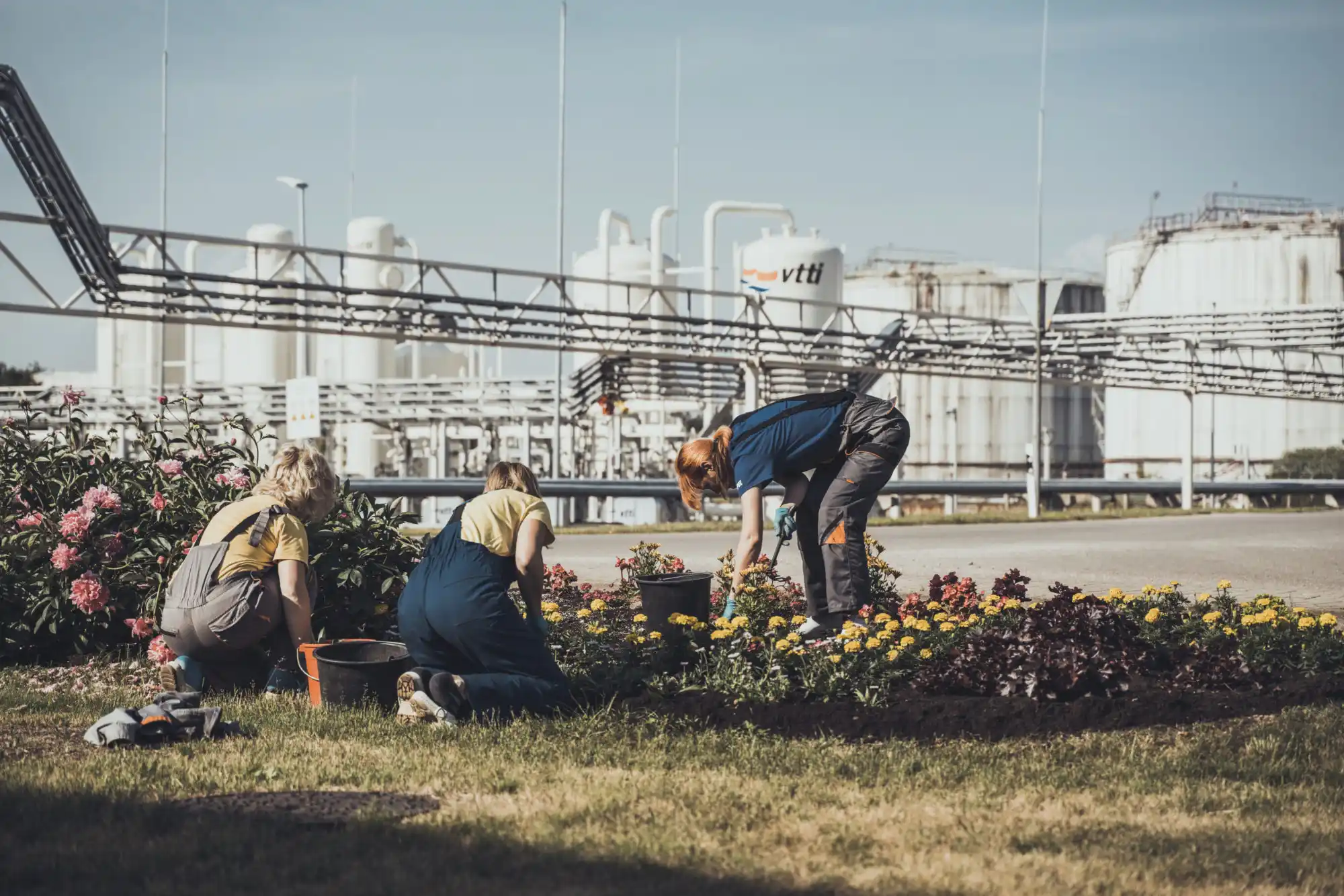 Photograph of VTTI female workers planting flowers near a terminal